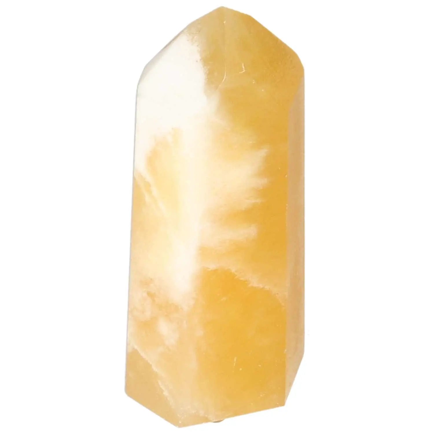 Mexican Calcite Obelisk from Sylvia Crystals, exuding elegance and positive energy, known for enhancing self-confidence and vitality.