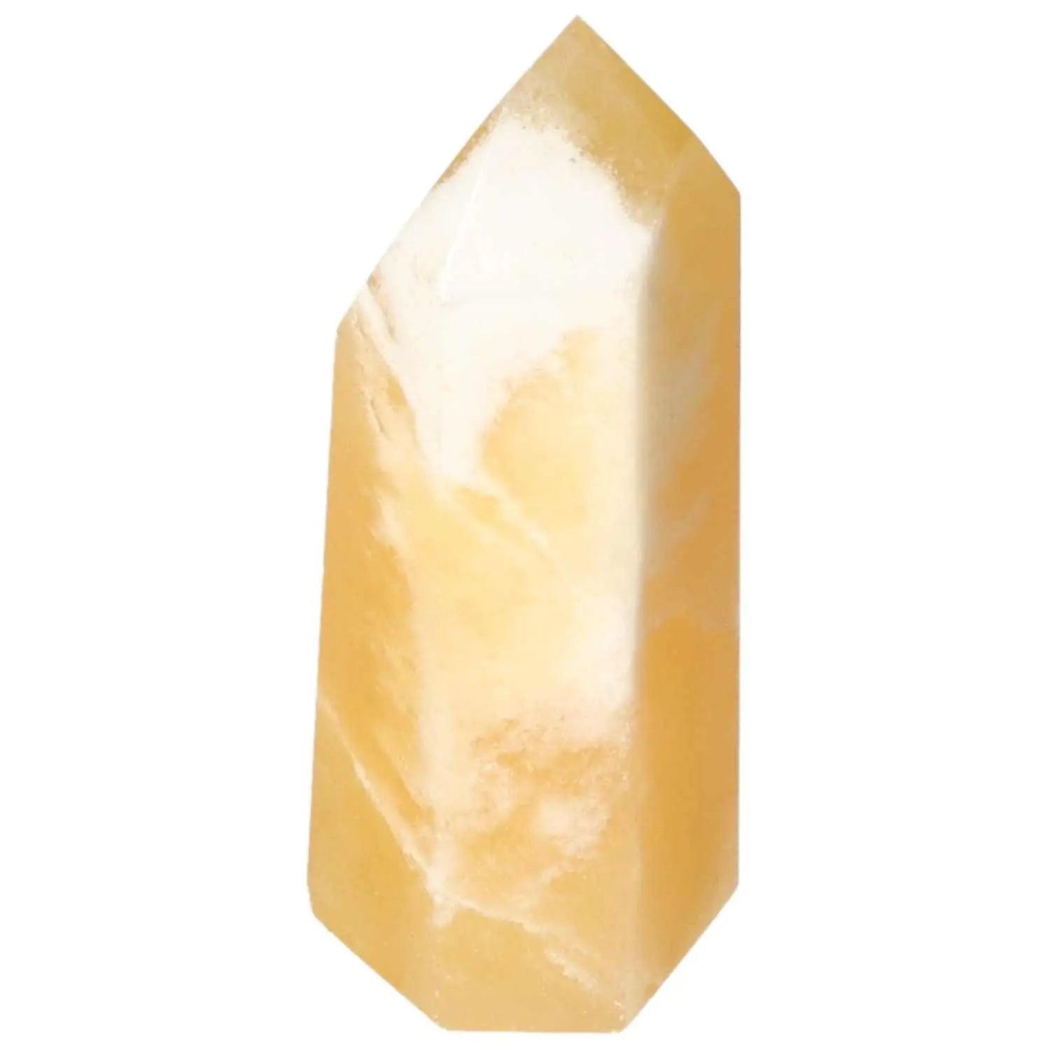 Mexican Calcite Obelisk from Sylvia Crystals, yellow-hued gemstone for energy and transformation.