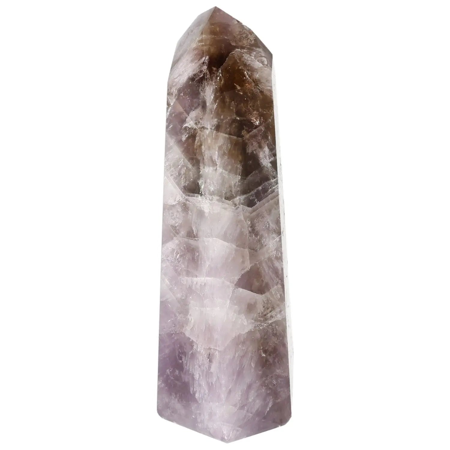 Polished amethyst crystal tower with seven points from Sylvia Crystals, promoting tranquility and stress relief.