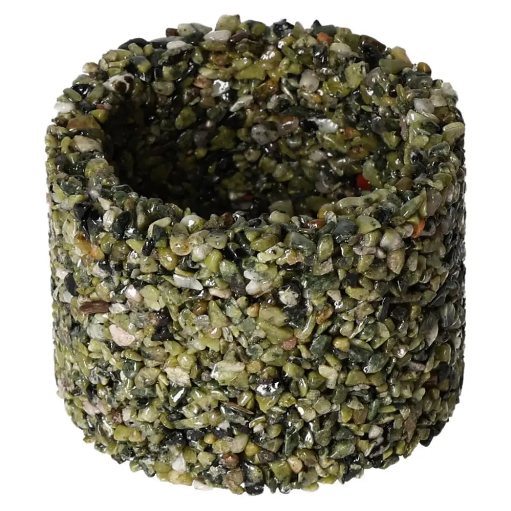 Alt Tag: Decorative pot cover Jadeite S with green jadeite gemstones, symbolizing power and fortune, from Sylvia Crystals collection.