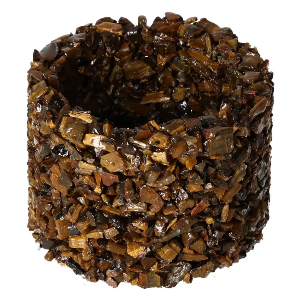 Tiger Eye S candle holder with captivating Tiger's Eye stone by Sylvia Crystals, showcasing a premium, grounding decorative art piece.