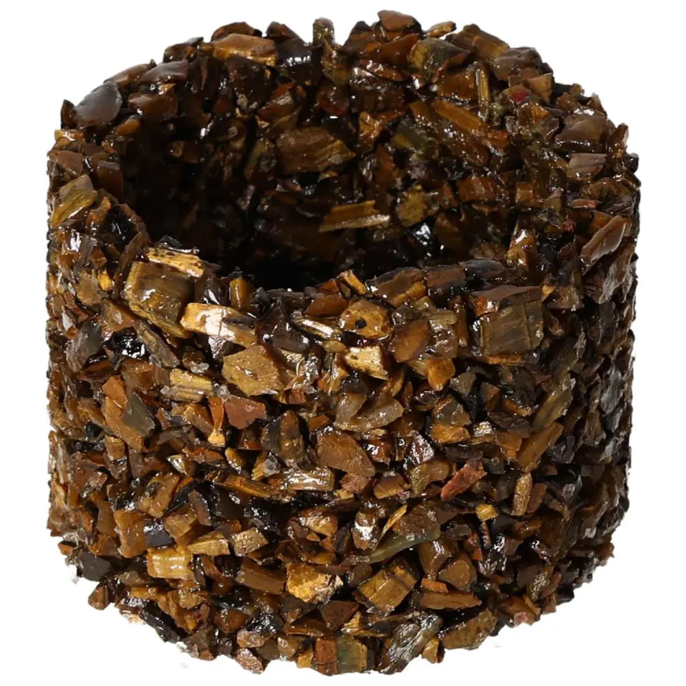 Exquisite Candle Holder adorned with Tiger's Eye stones, enhancing grounding energy and joy, by Sylvia Crystals, brown hue.