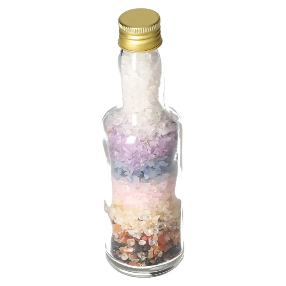 7 Chakra Stones Bottle by Sylvia Crystals featuring Rock Crystal, Amethyst, Blue Quartz, Rose Quartz, Citrine, Carnelian, Black Tourmaline.