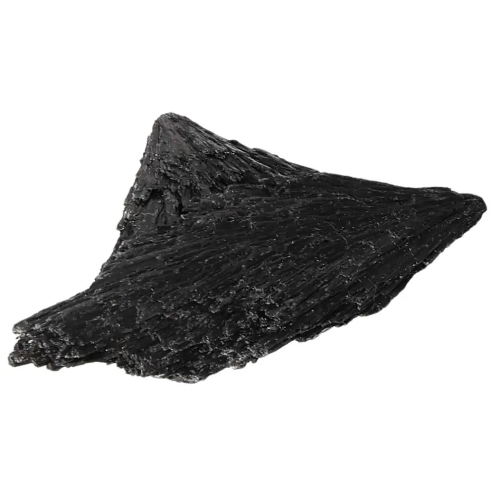 Black Kyanite gemstone from Sylvia Crystals, known for enhancing self-discovery and clarity, displayed against a white background.