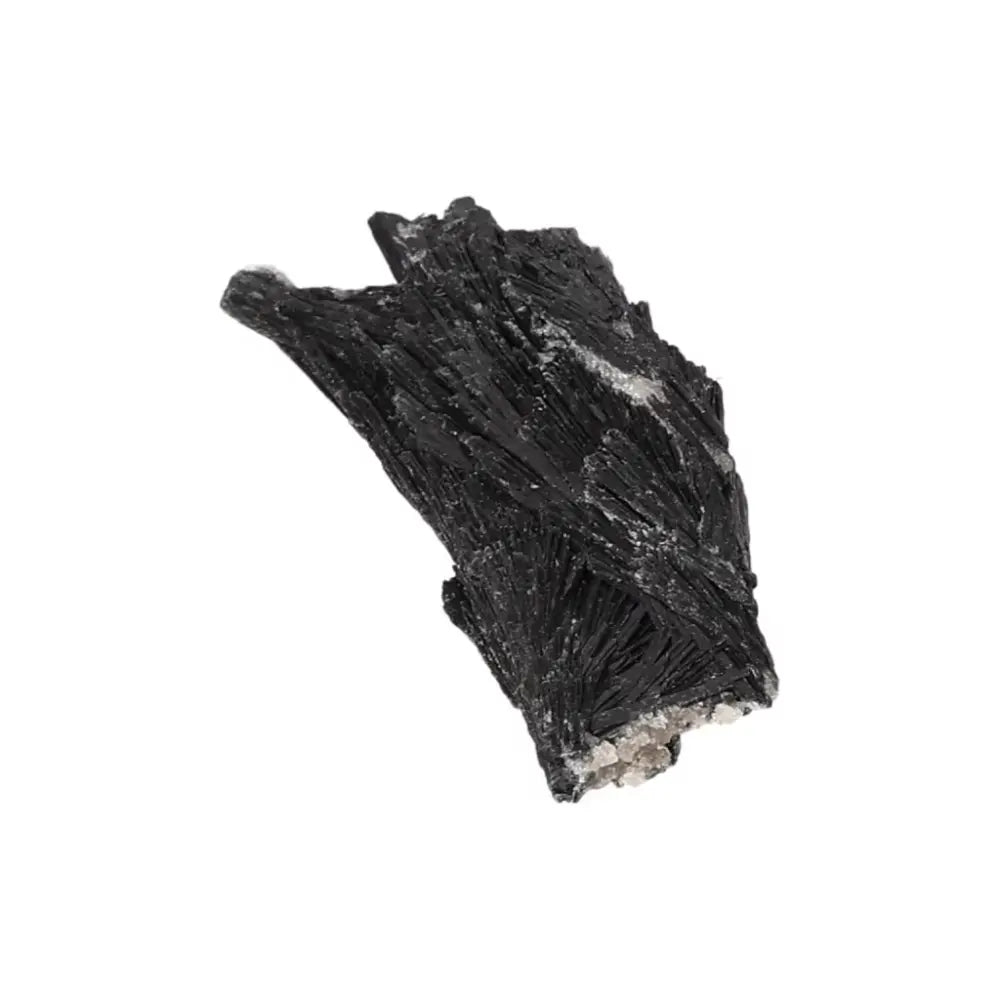 Black Kyanite crystal from Sylvia Crystals, known for meditation and clarity, showcasing rough, natural texture on a white background.