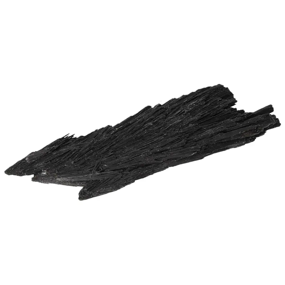 Black Kyanite crystal shard on white background, ideal for meditation and enhancing clarity. Premium product from Sylvia Crystals.