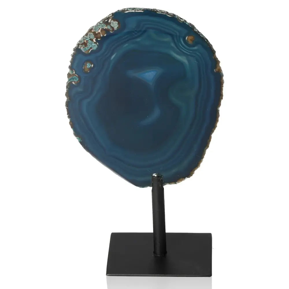 Blue agate slice on metal stand for home decor and energy balance