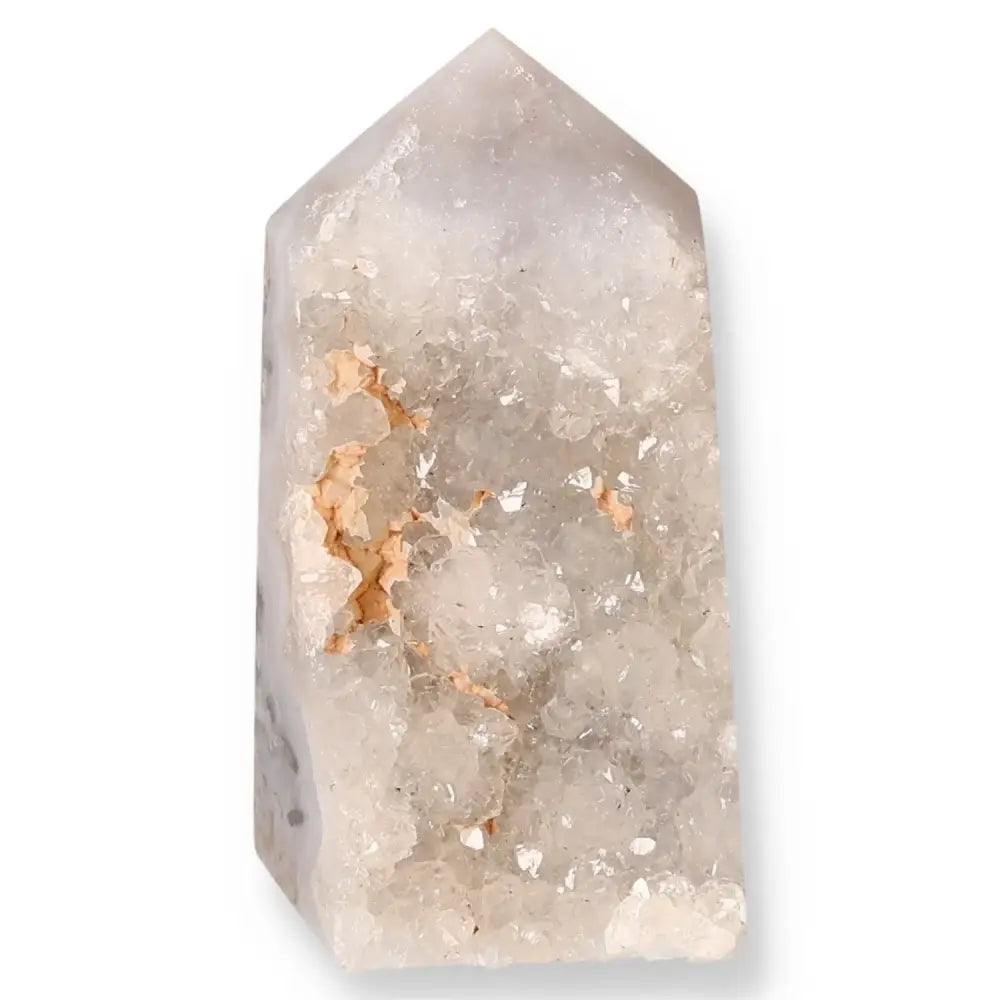 Natural agate geoded point crystal showcasing its unique texture and sparkling inclusions, ideal for spiritual harmony and decoration.