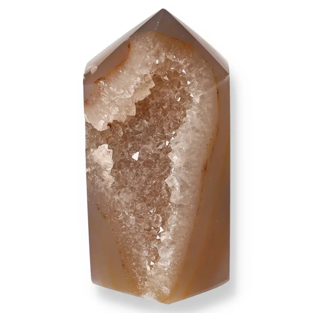 Agate Geoded Point crystal with natural textures, promoting serenity and balance. Ideal for energy harmonization and holistic well-being.