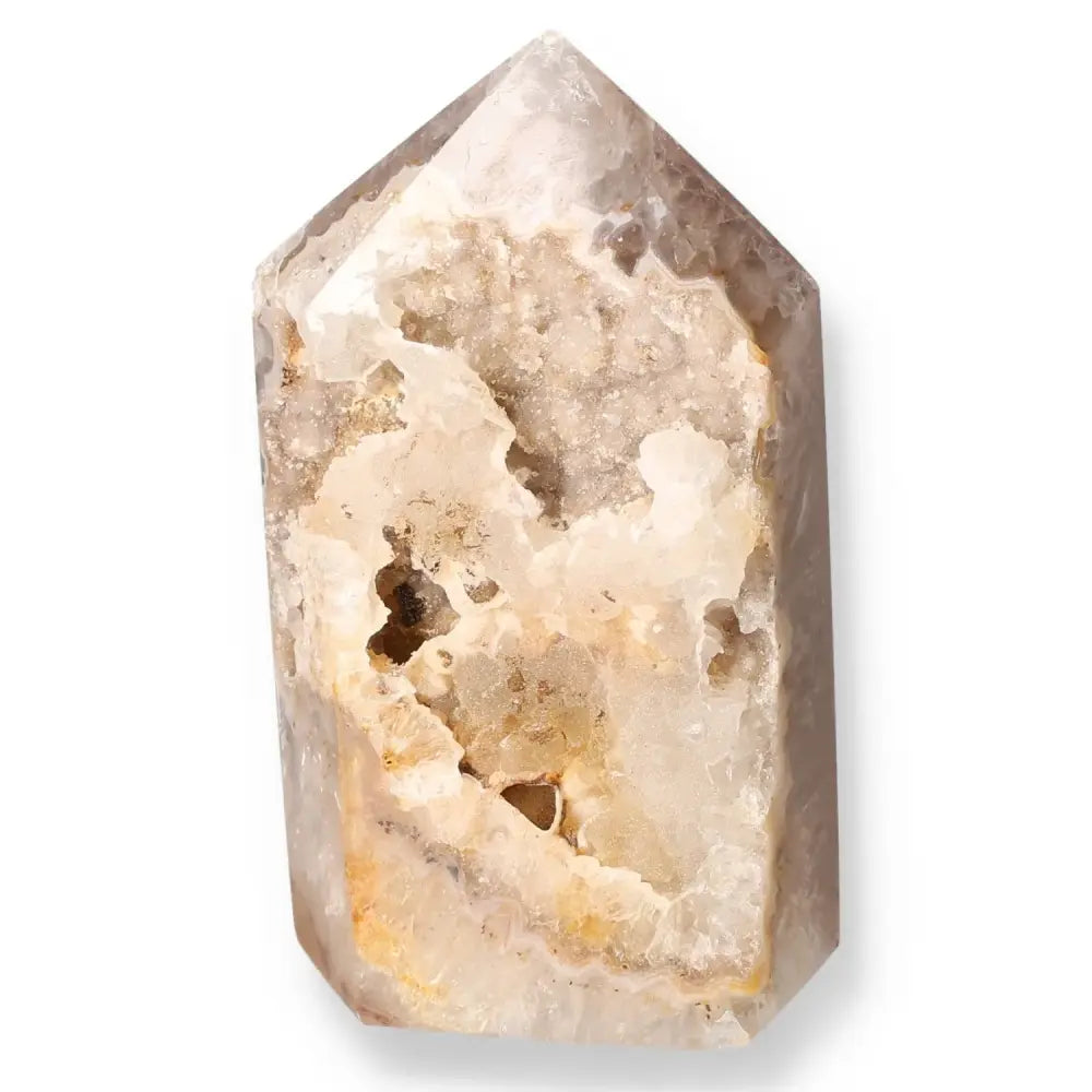 Agate Geoded Point showcasing natural patterns, ideal for energy harmonization and balance.