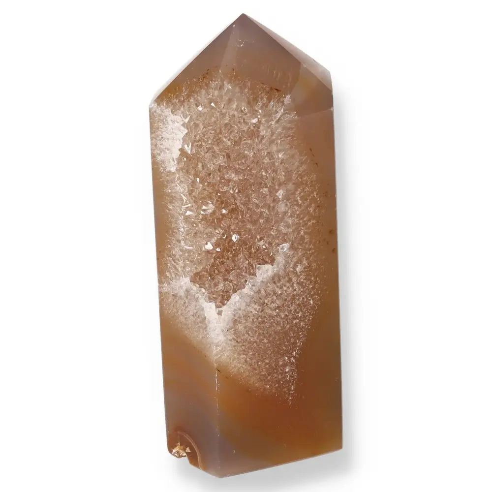 Agate Geoded Point showcasing natural crystal formations for energy balance and tranquility.