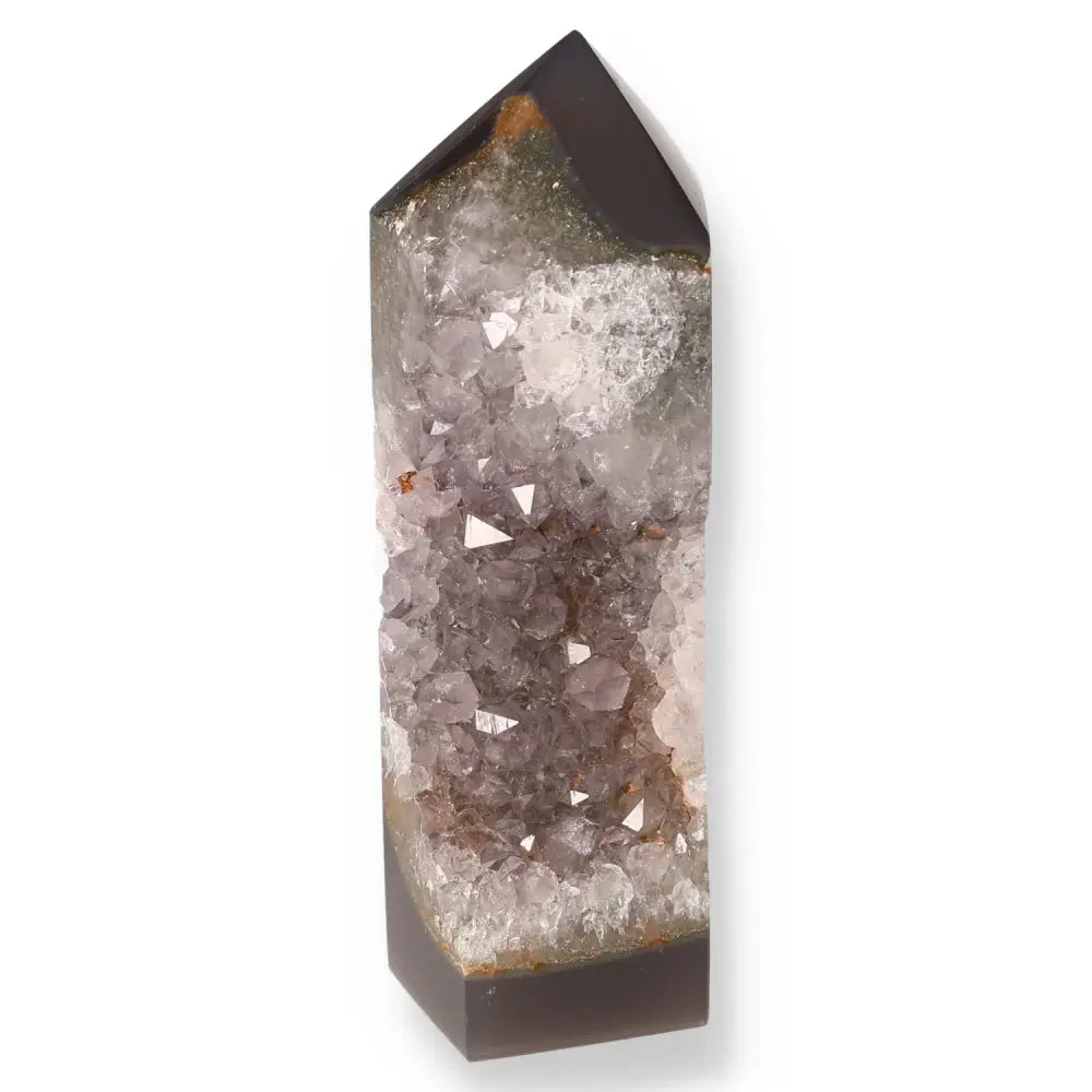 Elegant Agate Geoded Point crystal showcasing natural beauty and tranquility, perfect for home decor and promoting a calming atmosphere.