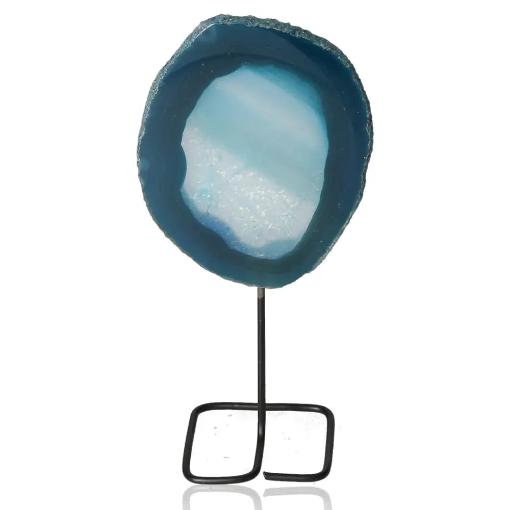 Blue Agate Slice on Metal Stand showcasing tranquil and balanced energy, ideal for home decor and meditation spaces.