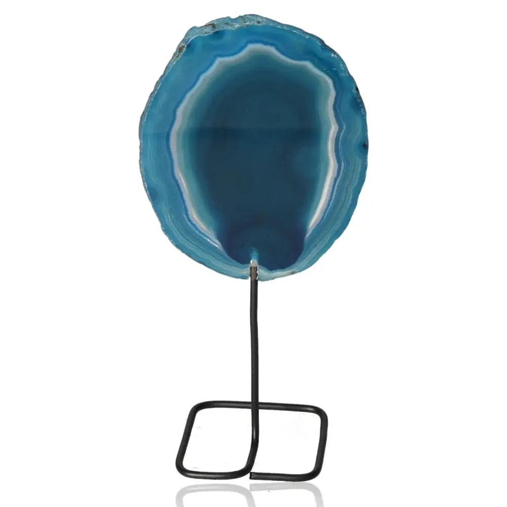 Blue agate slice on metal stand, showcasing nature's artistry. Perfect for enhancing balance, tranquility, and grounding in any space.