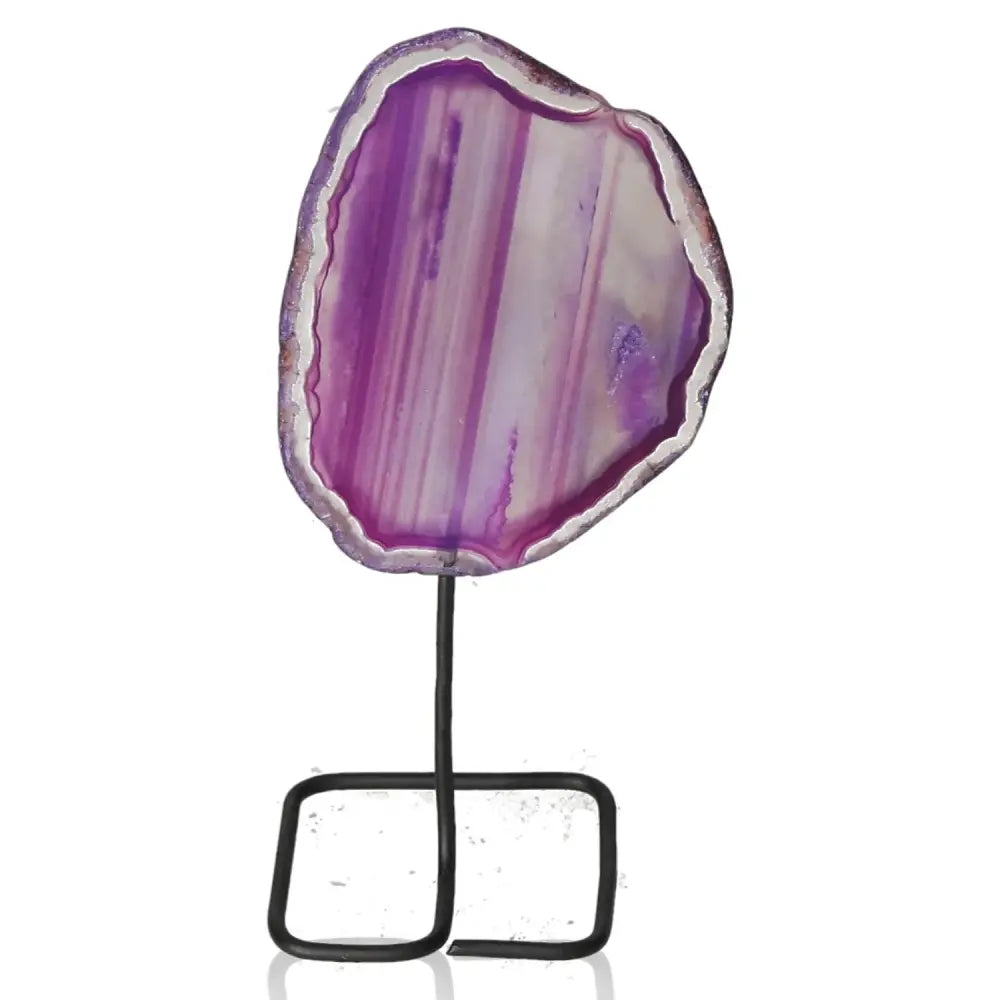 Purple agate slice on a sleek metal stand, perfect for home or office decor, showcasing natural beauty and elegance.