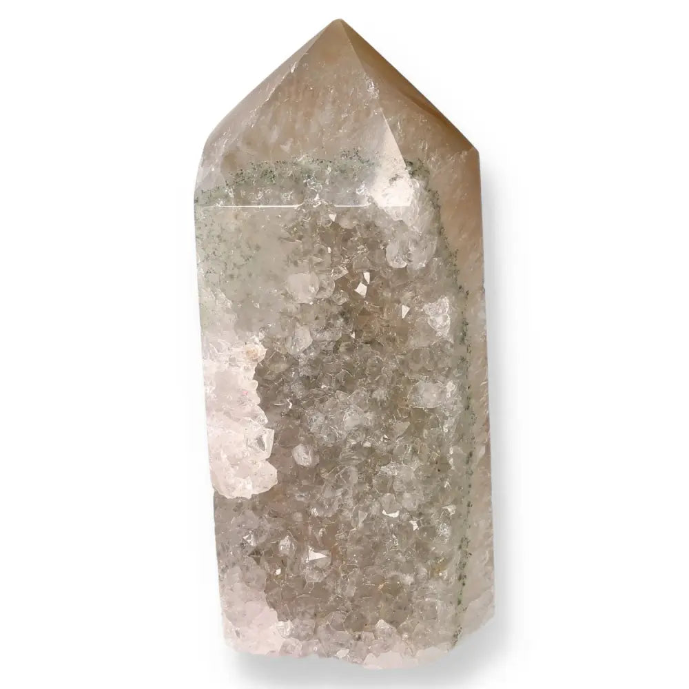Crystal agate geode point with a rough, sparkling surface for energy harmonization and tranquility.