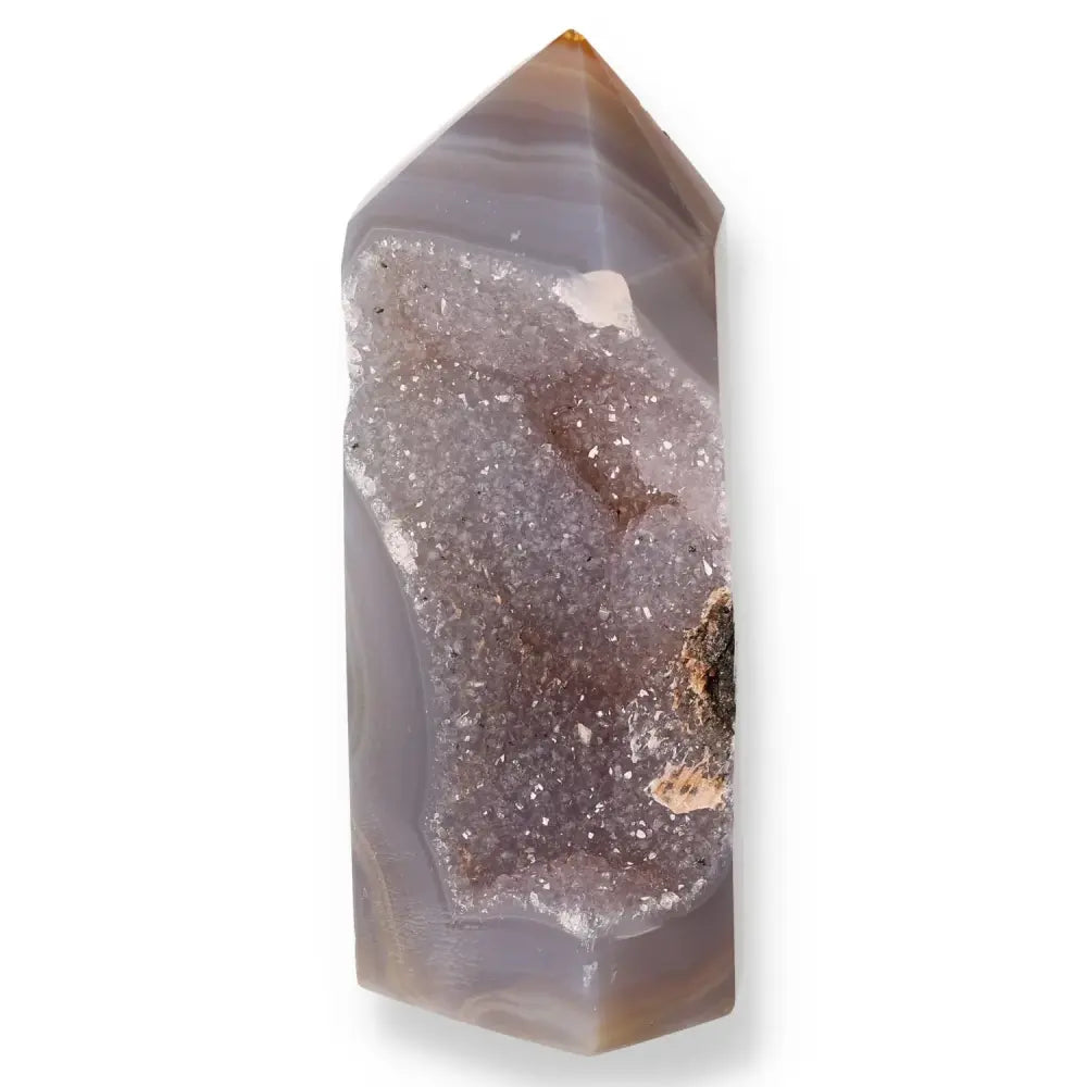 Polished Agate Geoded Point with intricate patterns and soothing hues for energy harmony and inner peace enhancement.
