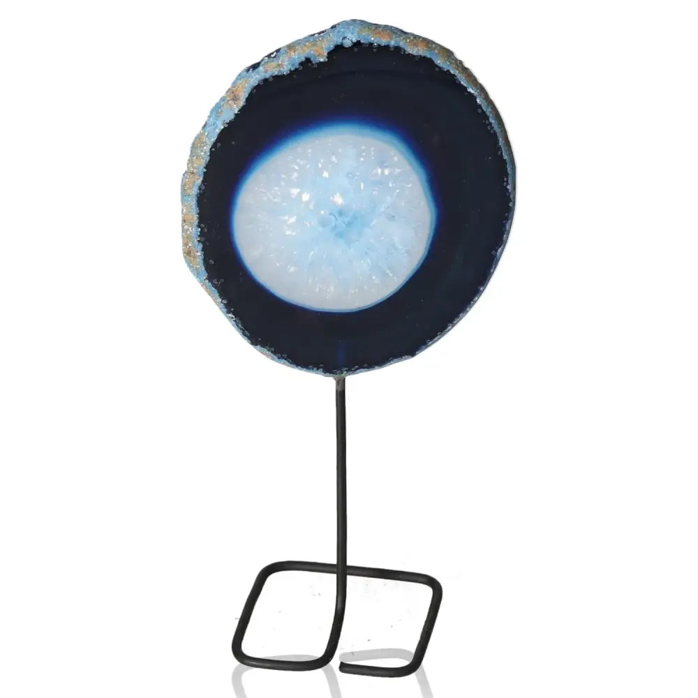 Blue agate slice on metal stand showcasing vibrant patterns, ideal for enhancing home or office decor.