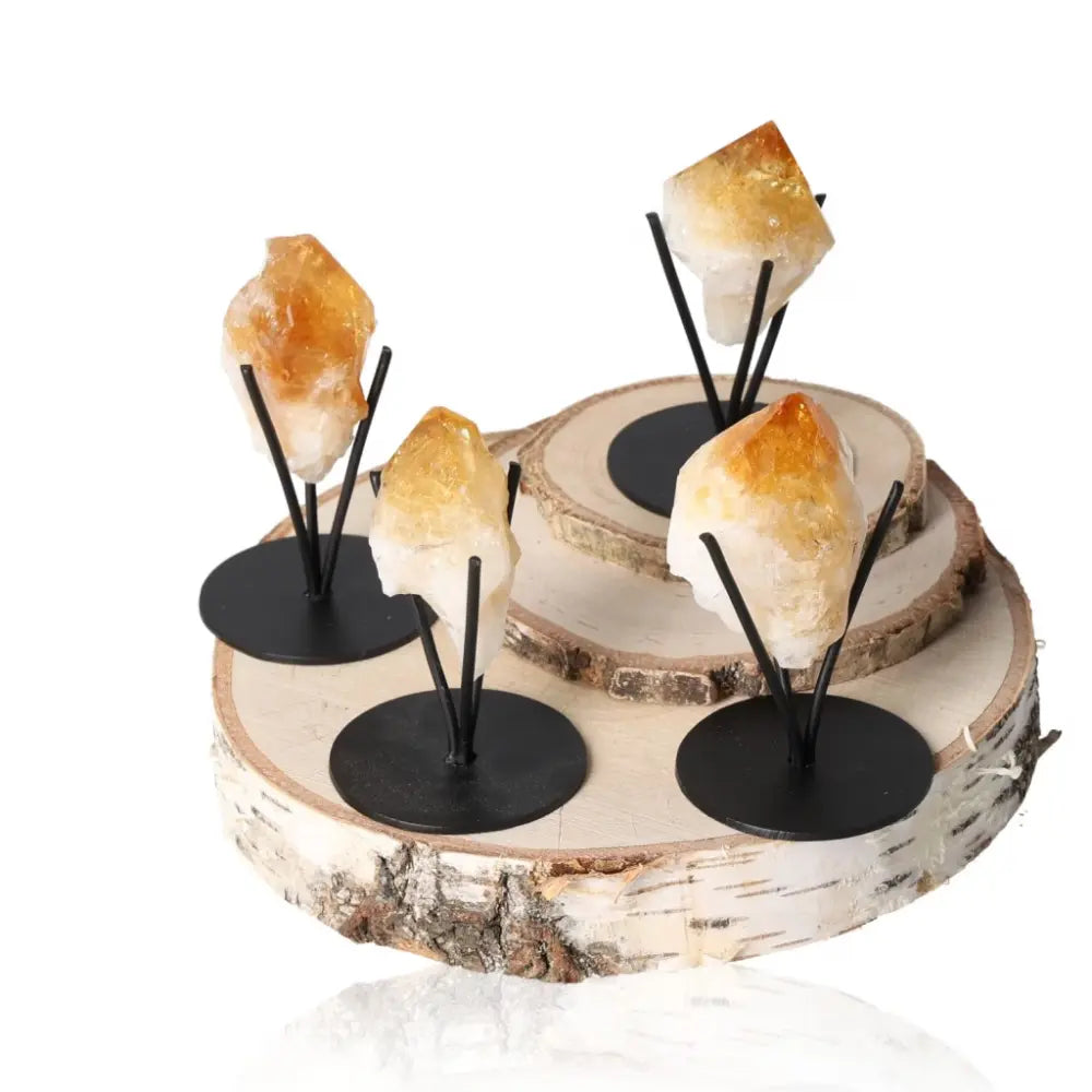 Natural Citrine Points on Stands from Sylvia Crystals, showcasing vibrant energy and authentic allure, ideal for positivity and clarity.