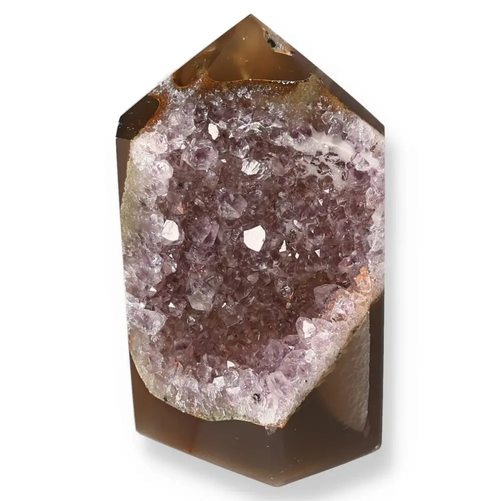 Agate Geoded Point crystal showcasing captivating purple hues and natural textures for balance and serenity in any environment.