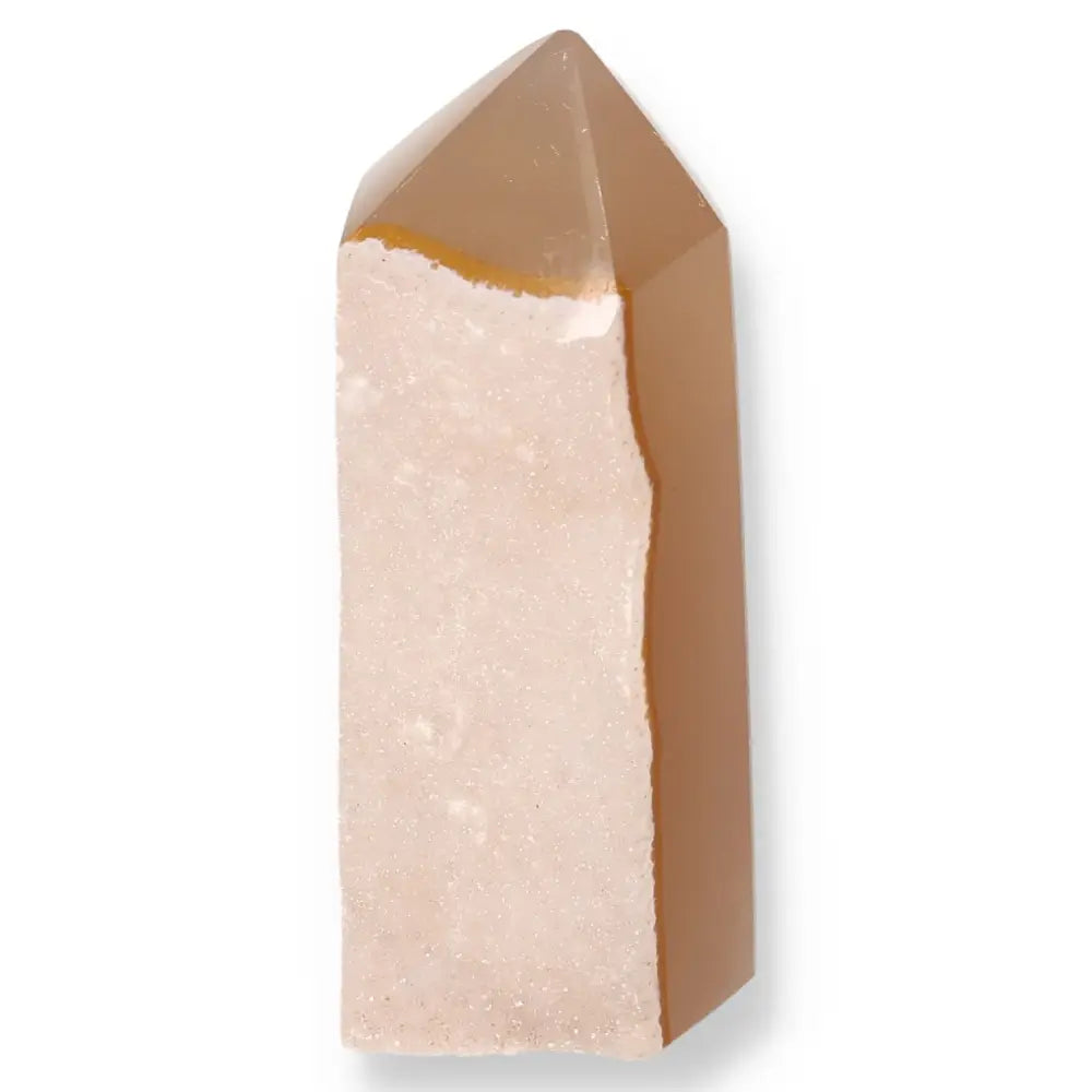 Polished agate geode point showcasing natural beige tones and sparkling crystal surfaces for harmony and balance enhancement.