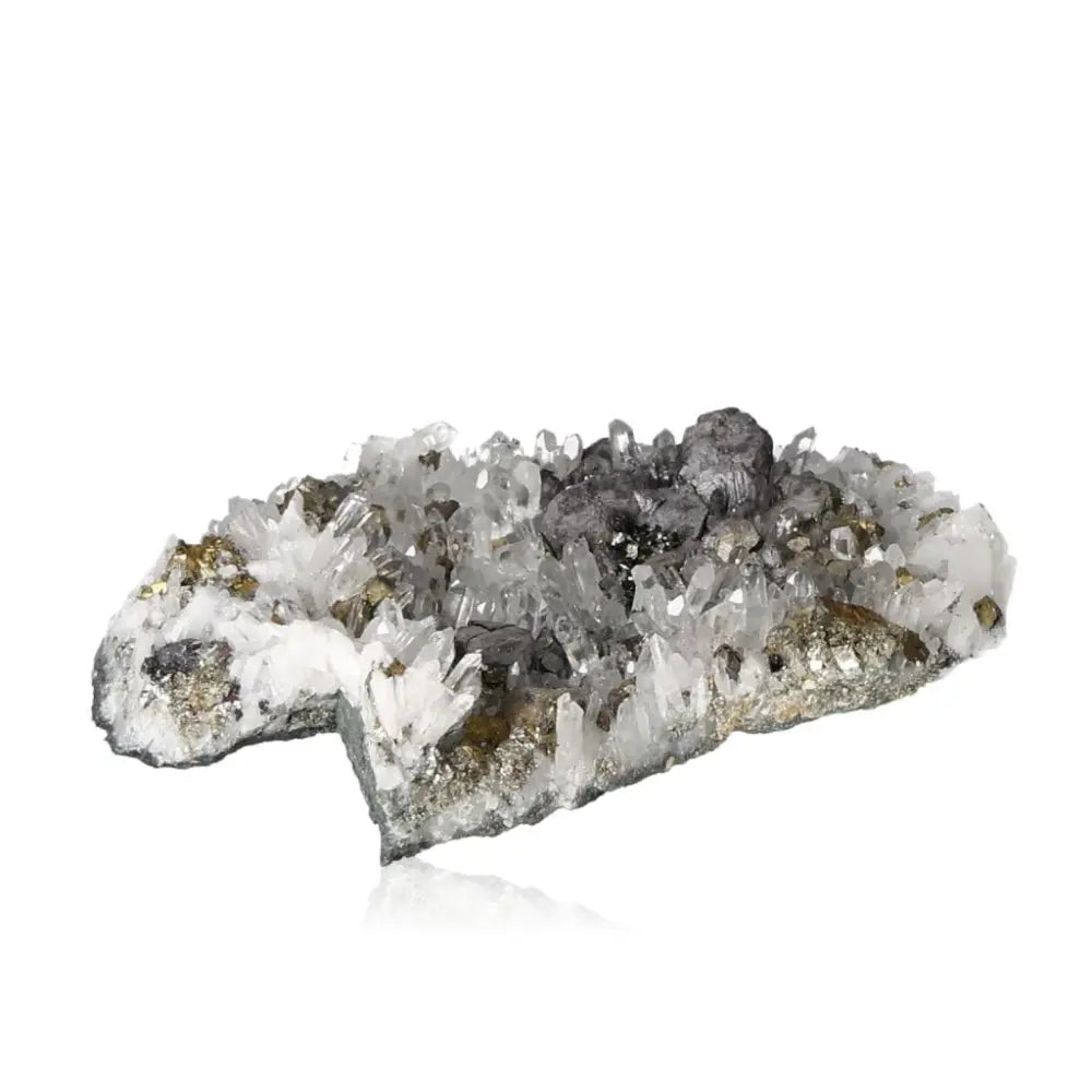 Quartz with Calcite, Galena, Sphalerite, and Chalcopyrite mineral specimen showcasing nature's intricate artistry and metallic luster.