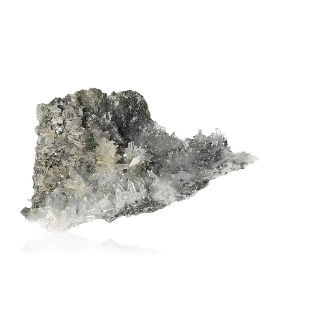 Clear quartz crystal with jagged formations, showcasing its energy-amplifying and clarity-enhancing properties, against a white background.