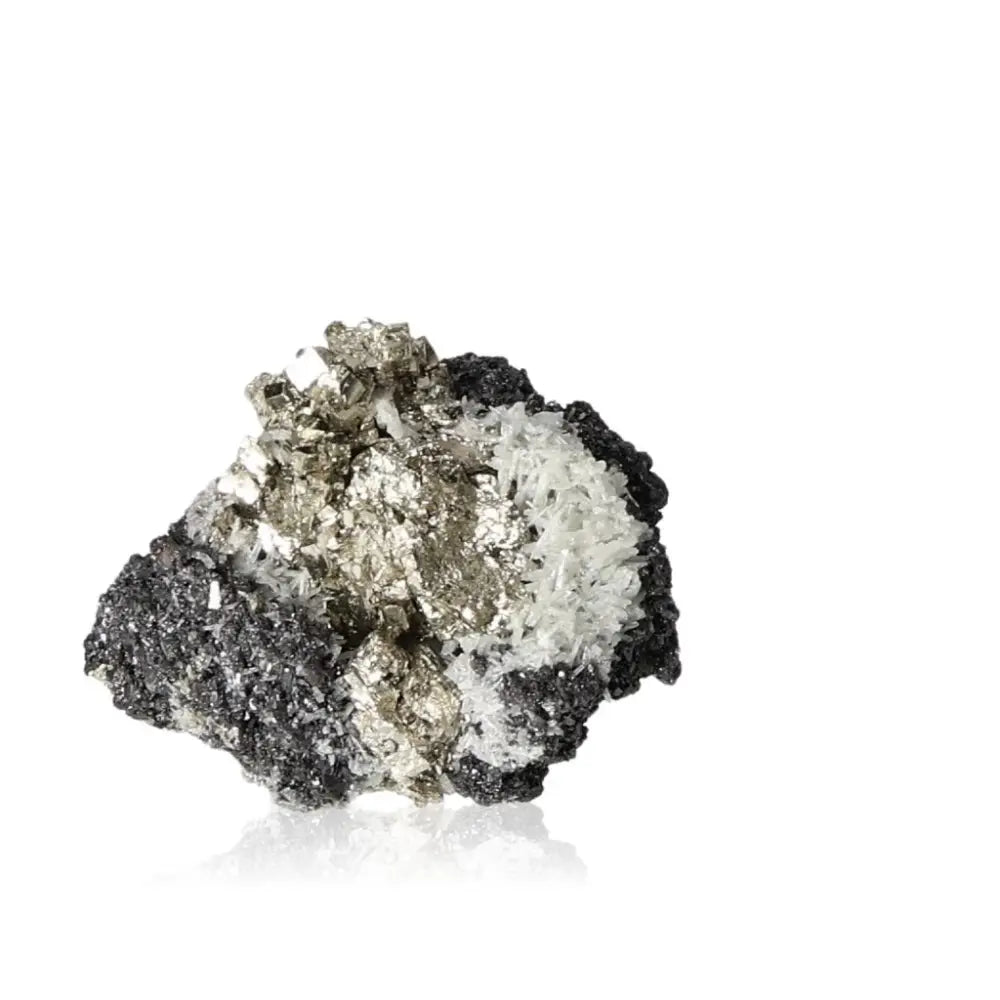 Pyrite with Sphalerite and Quartz mineral crystal displaying metallic luster and unique textures, premium Sylvia Crystals product.