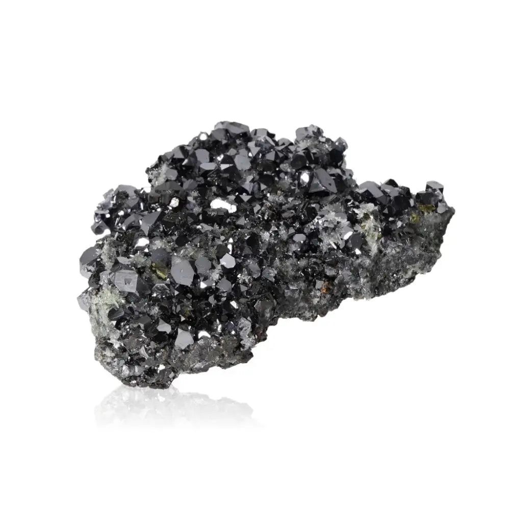 Galena with Sphalerite and Quartz crystal by Sylvia Crystals, a symbol of transformation and balance, on a white background.