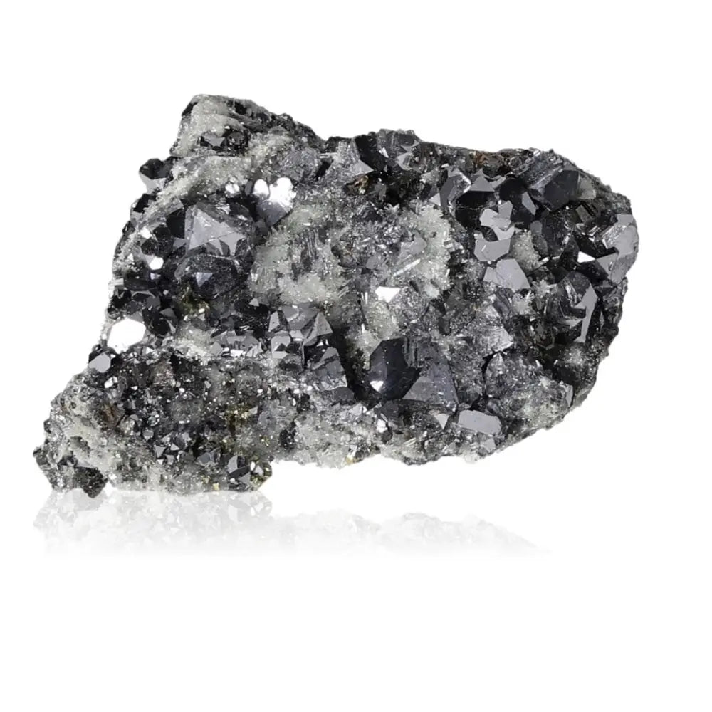 Galena with Quartz crystal, shimmering metallic luster, Sylvia Crystals premium collection, spiritual sophistication and inner peace.