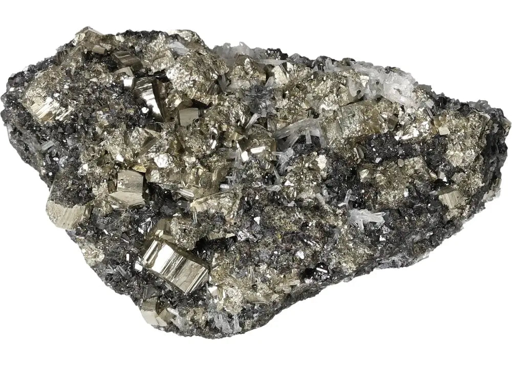 Pyrite with quartz and sphalerite mineral, showcasing golden hue and metallic luster, symbolizing abundance and prosperity.