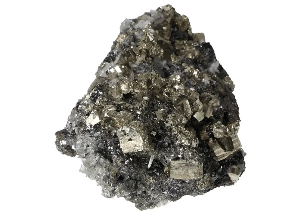 Mineral specimen of pyrite with quartz and spharelite, showcasing metallic luster and radiant golden hue.
