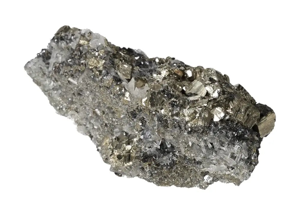 Pyrite with quartz and sphalerite mineral specimen, showcasing metallic luster and golden hue, known as Fool's Gold for prosperity.