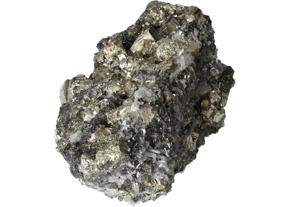 Pyrite with Quartz and Spharelite, showcasing metallic luster and golden hue, known for attracting abundance and prosperity.