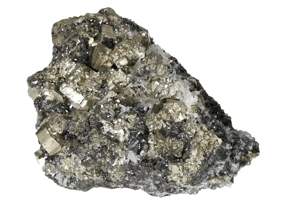 Pyrite with Quartz and Spharelite mineral specimen displaying metallic luster and golden hue, known as Fool's Gold, symbolizing prosperity.