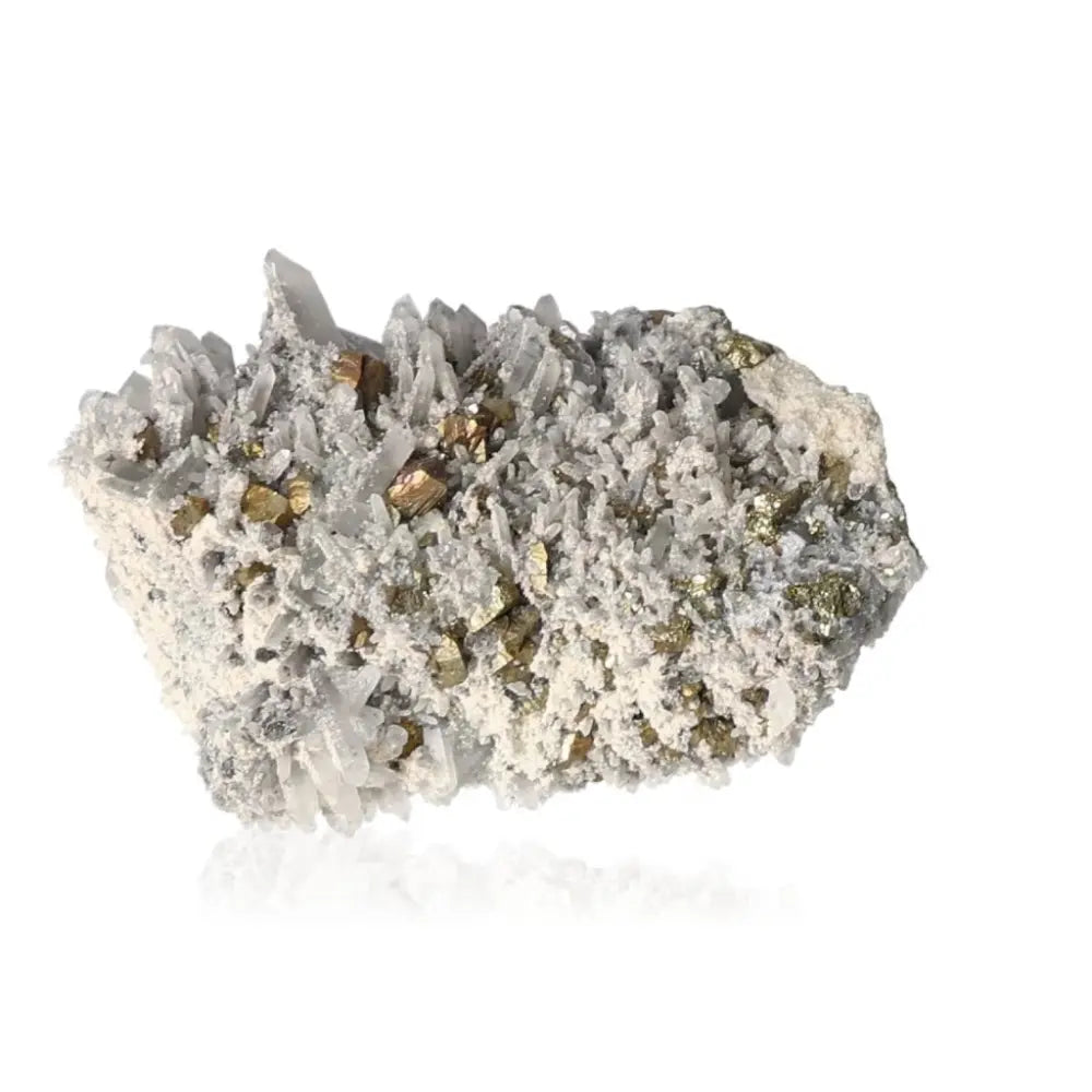 Quartz with Chalcopyrite gemstone showcasing clear crystals and golden hues, symbolizing natural beauty and spiritual energy.