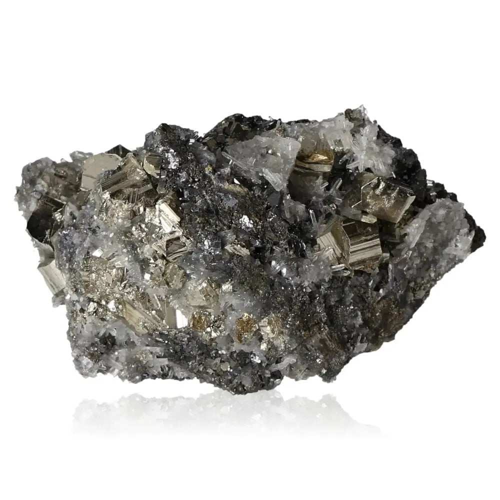 Pyrite with Quartz, Sphalerite, and Galena crystal from Sylvia Crystals, showcasing shimmering facets for spiritual awareness.
