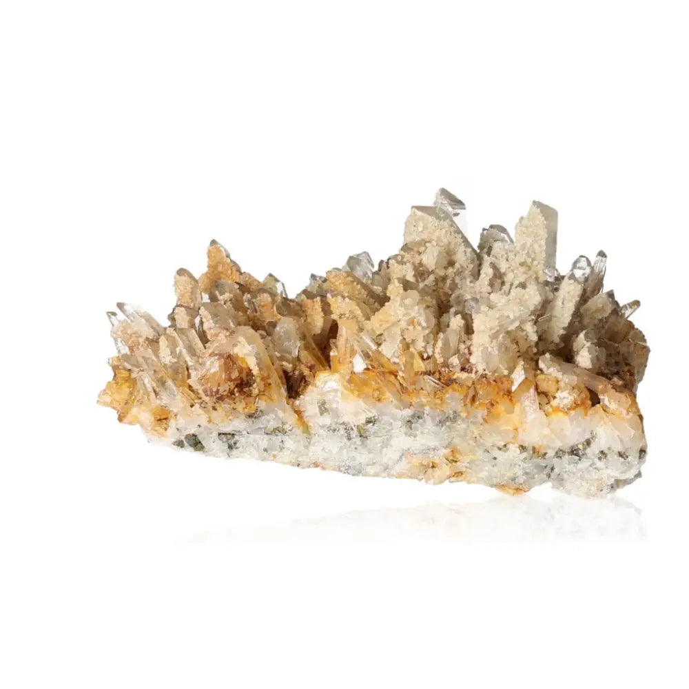 Lemonite with iron oxidation featuring quartz crystals known for amplifying energy, focus, and balance in spiritual practices.