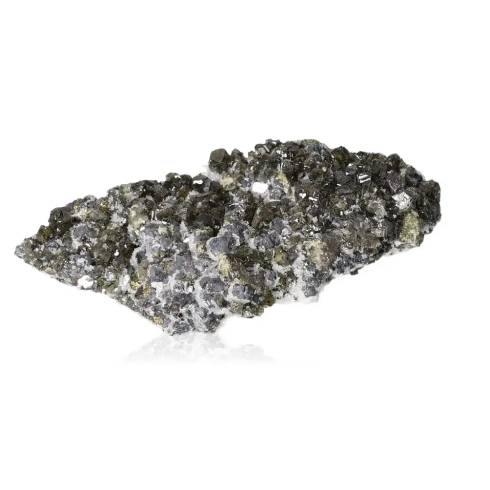 Galena stone with Quartz and Chalcopyrite, showcasing grounding and transformative properties, ideal for collectors and spiritual practices.
