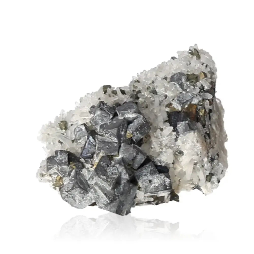 Galena with Quartz and Chalcopyrite mineral specimen showcasing metallic sheen and raw beauty.
