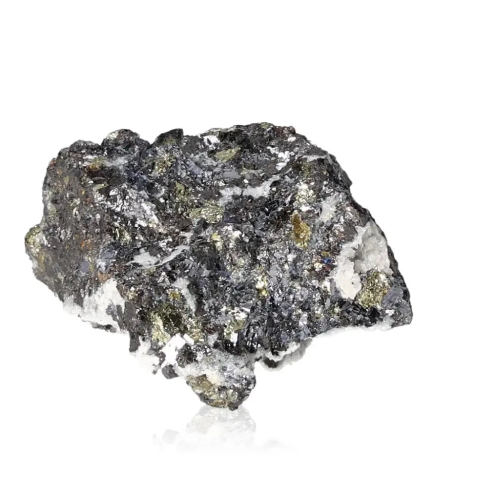 Galena with Quartz and Chalcopyrite mineral fusion offering transformation power and grounding qualities.