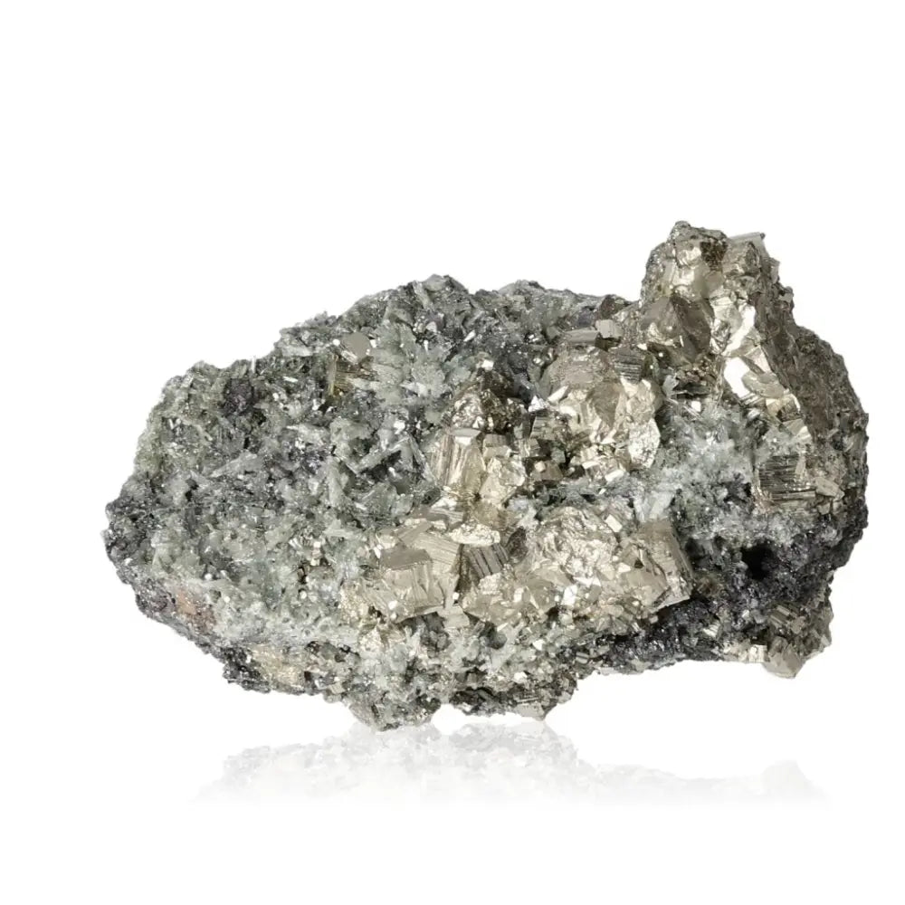 Quartz with pyrite mineral, known as 'Fool's Gold,' showcasing golden hue and metallic luster, symbolizing abundance and prosperity.