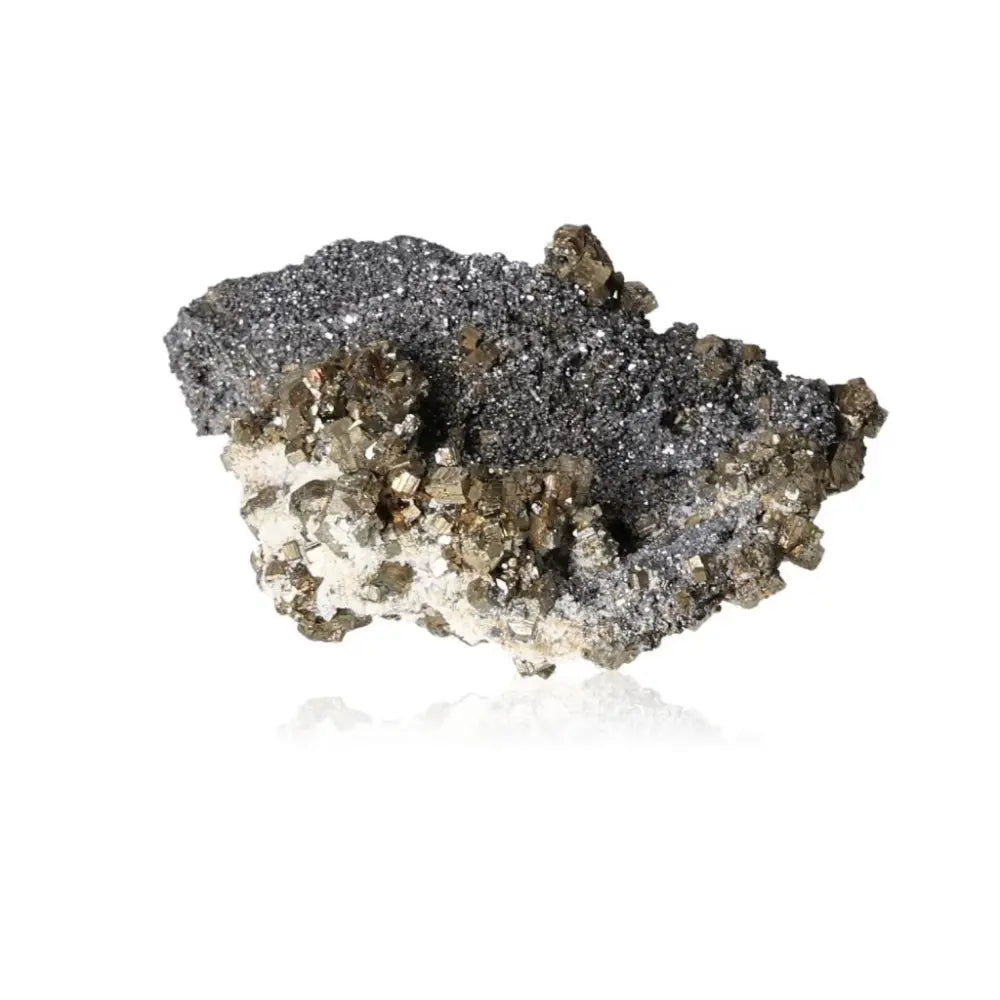 Exquisite Pyrite with Galena crystal featuring radiant golden hues and metallic luster, symbolizing luxury and metaphysical strength.