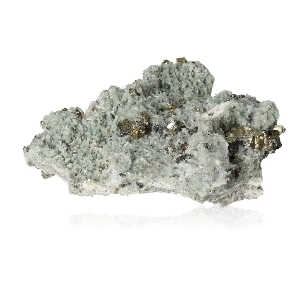 Chalcopyrite on Quartz crystal displaying striking beauty and healing attributes, offering body, mind, and spirit benefits.