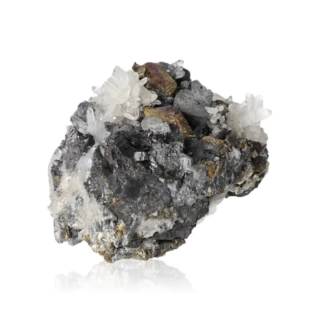 Galena with Quartz mineral specimen showcasing grounding stability and illuminating clarity. A fusion of earthy and ethereal properties.