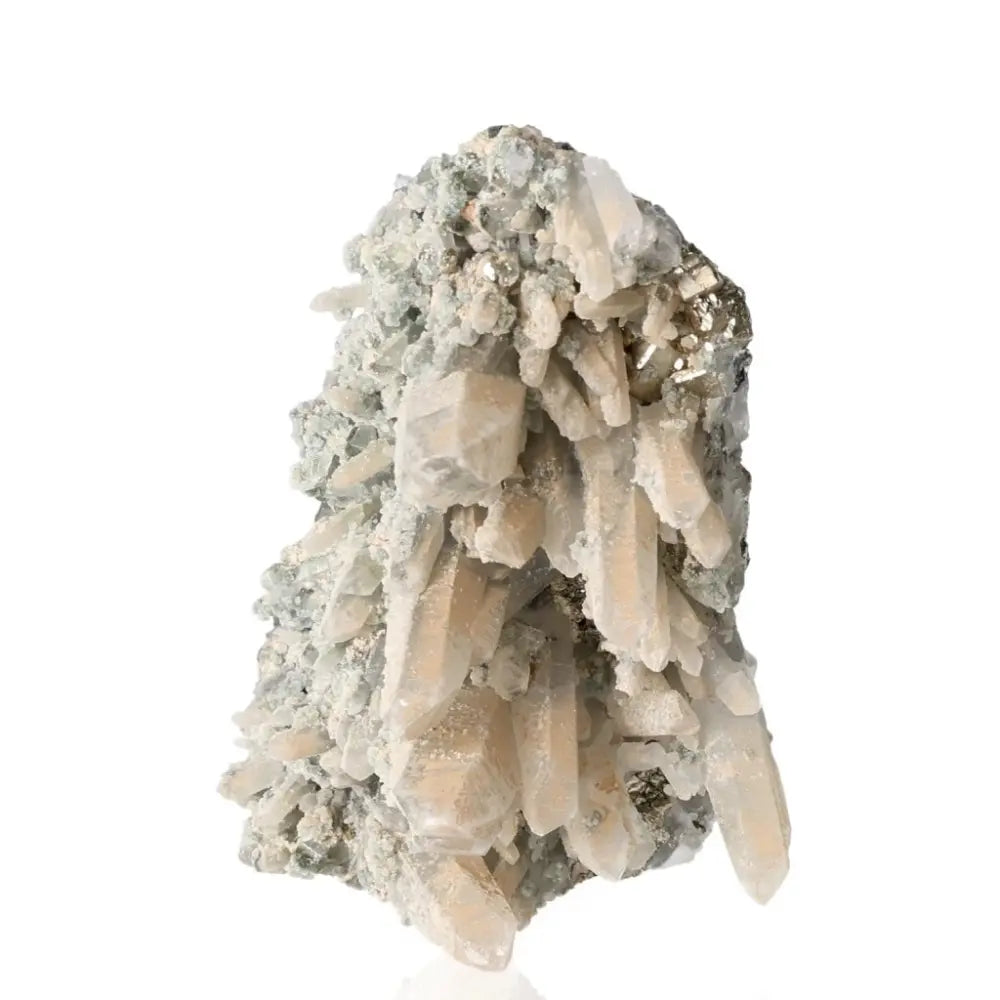 Quartz with Pyrite mineral showcasing its golden metallic luster and exquisite crystalline structure.