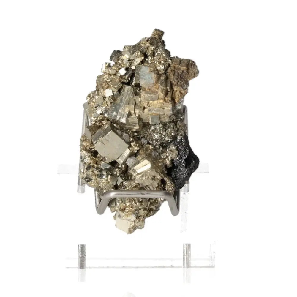Golden pyrite crystal cluster with metallic luster on a stand, resembling gold, symbolizing abundance and prosperity.