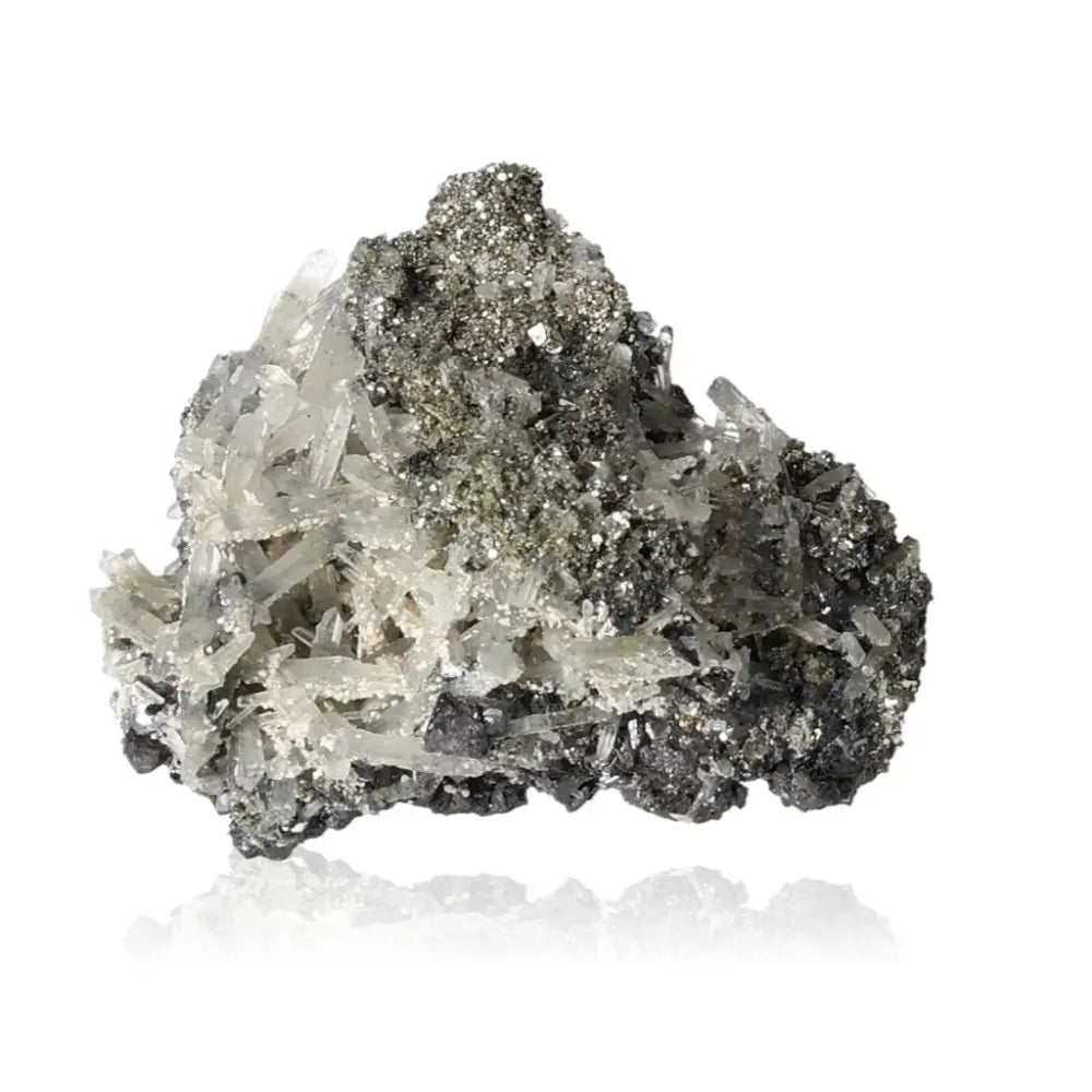 Premium Pyrite with Sphalerite and Quartz crystal from Sylvia Crystals, showcasing golden hue and metallic luster.