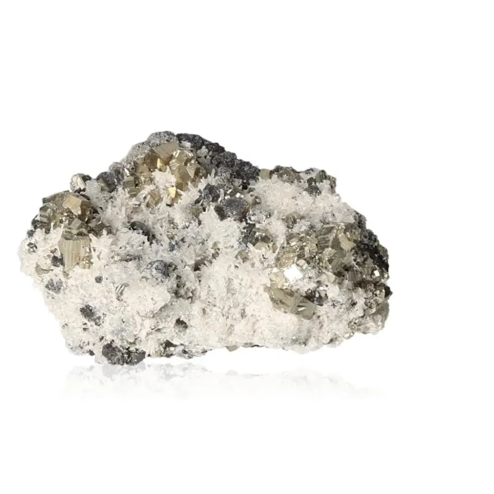 Pyrite with Quartz mineral displaying golden metallic luster on white crystal surface, symbolizing abundance and prosperity.