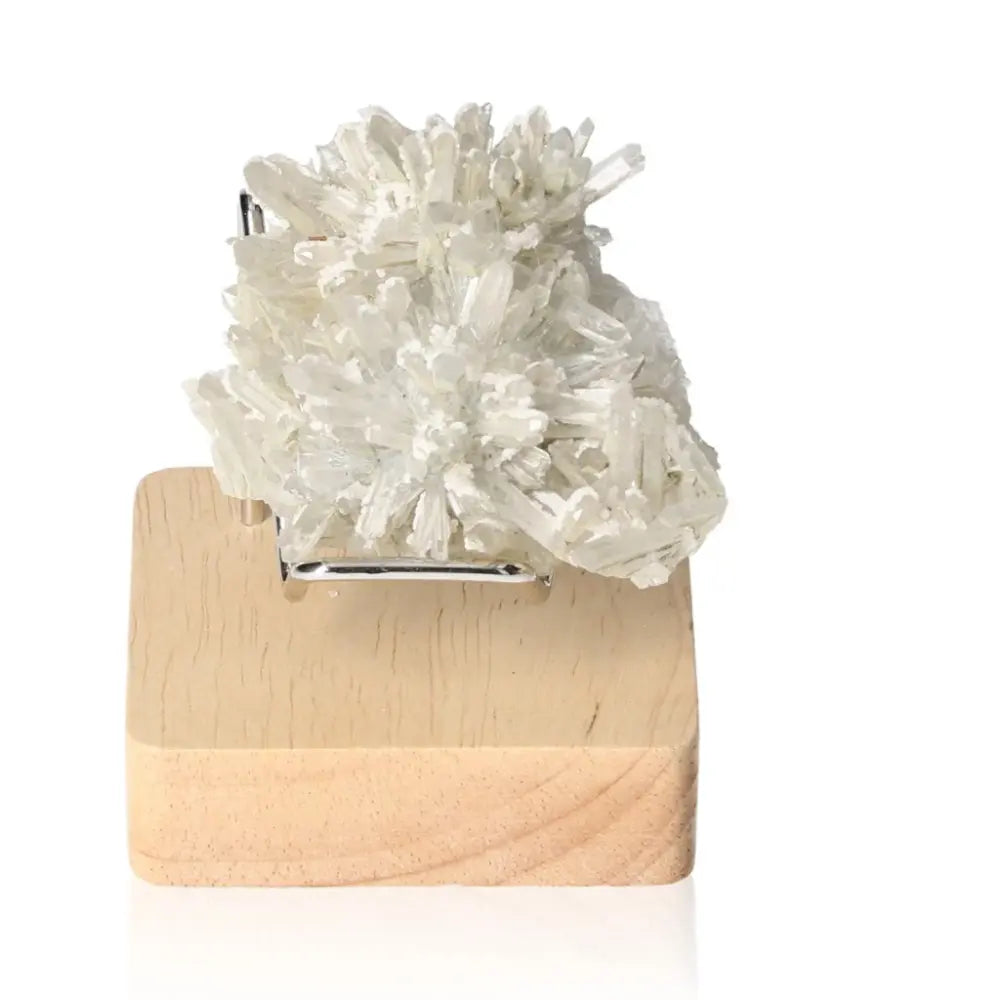 Exquisite Quartz with Calcite on wooden base; enhances mental clarity, serenity, and balance, ideal for interior elegance.